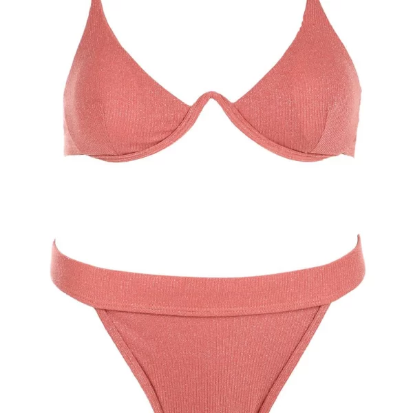 GIGI-Μαγιό Σετ Μπικίνι Lurex Ψηλόμεσο με Μπανέλα - Σάπιο Μήλο
