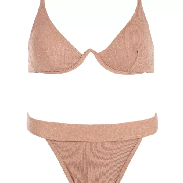 GIGI-Μαγιό Σετ Μπικίνι Lurex Ψηλόμεσο με Μπανέλα - Μπεζ