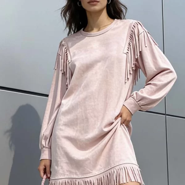 PerfectDress.gr suede ριχτό φόρεμα κρόσσια Gabby ροζ