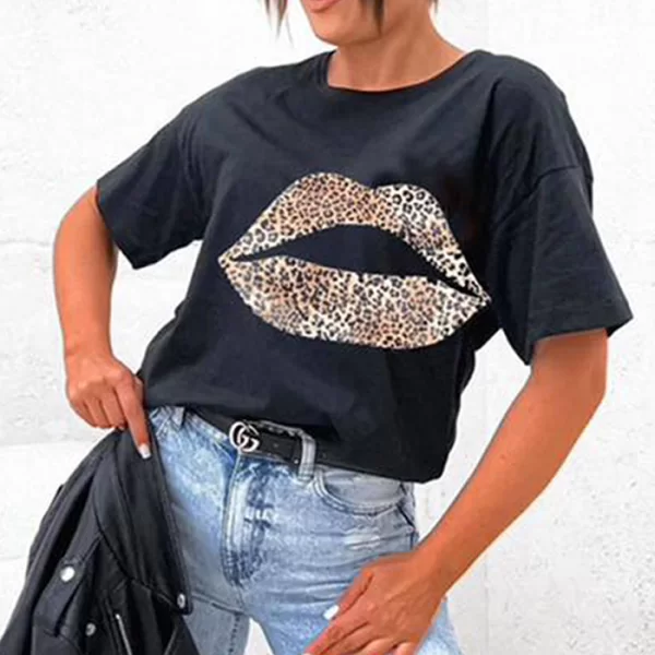 funky T-shirt leopard lips black