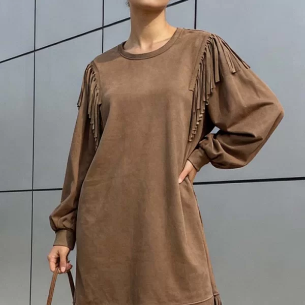 suede ριχτό φόρεμα κρόσσια Gabby καφέ