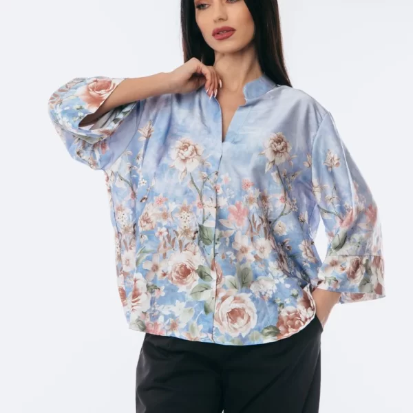 ΜΠΛΟΥΖΑ ΣΑΤΕΝ FLORAL PRINT Σιέλ