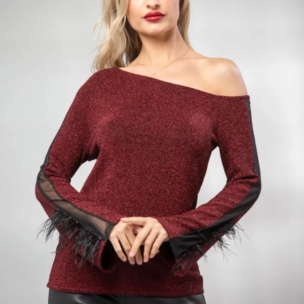 ΜΠΛΟΥΖΑ ΜΕ ΕΞΩ ΩΜΟ ΚΑΙ ΔΙΑΦΑΝΕΙΑ ΣΤΟ ΜΑΝΙΚΙ Μπορντό