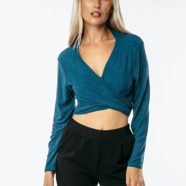 DRESS UP ΜΠΛΟΥΖΑ ΚΡΟΥΑΖΕ ΜΕ ΔΕΣΙΜΟ LUREX Πετρόλ