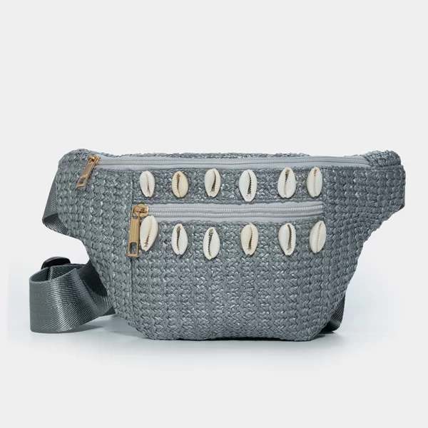 Straw belt bag with shells in grey silver Ασημί