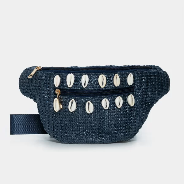 Straw belt bag with shells in navy blue Μπλε
