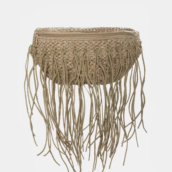 Straw belt bag with fringes in beige Μπεζ