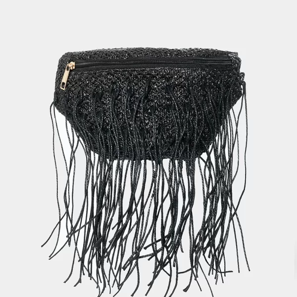 Straw belt bag with fringes in black Μαύρο
