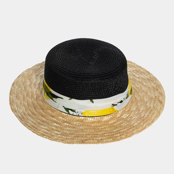 Black & beige straw hat with ribbon Εμπριμέ μαύρο