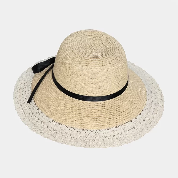 Ecru lace hat with black bow Μπεζ