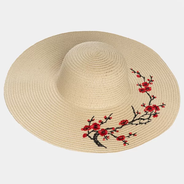 Ecru hat with flowers embroidery Μπεζ