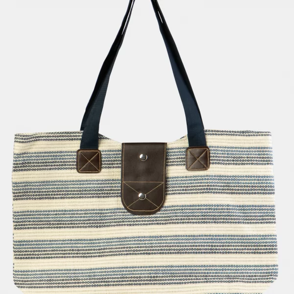 Striped Beach Bag w/ Leatherette Details Γκρι ρίγα