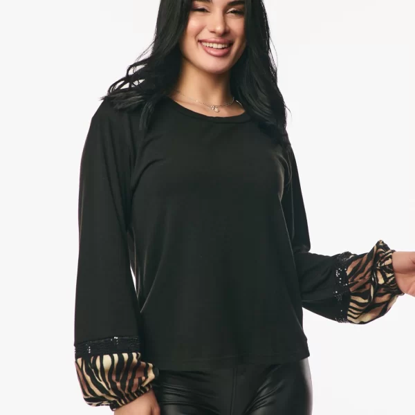 ΜΠΛΟΥΖΑ ΛΕΟΠΑΡ ΛΕΠΤΟΜΕΡΕΙΑ ΣΤΟ ΜΑΝΙΚΙ Μαύρο