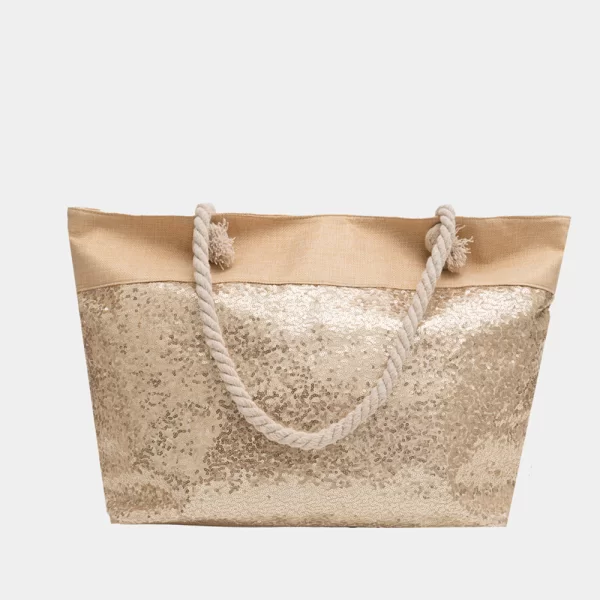 Beige beach bag with gold sequins Μπεζ