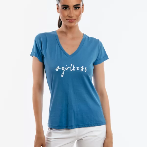 ΜΠΛΟΥΖΑ ΚΟΝΤΟΜΑΝΙΚΗ ΜΕ ΣΤΑΜΠΑ GIRL BOSS Μπλε
