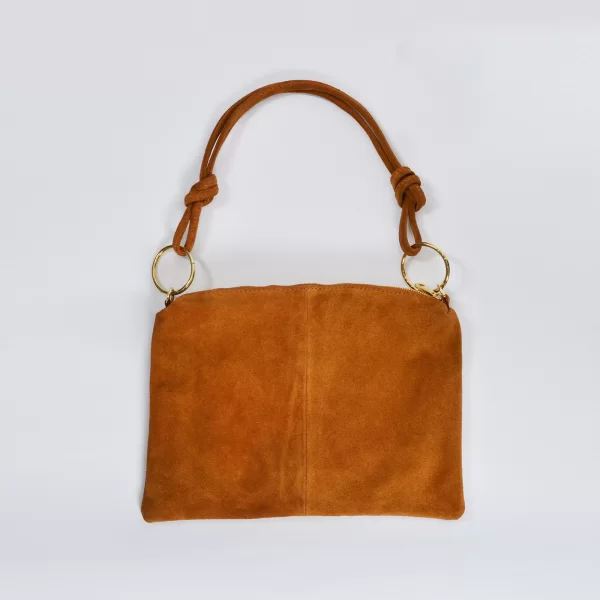 Σουέντ δερμάτινη τσάντα ώμου με δετά χερούλια