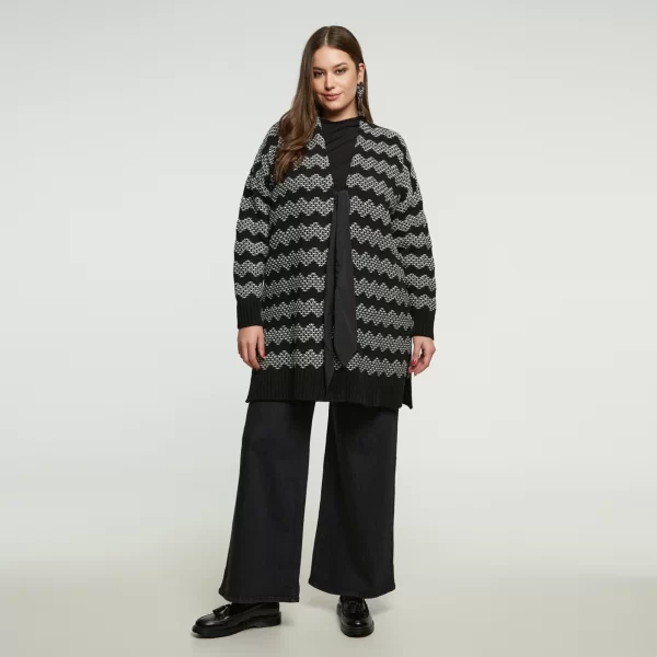 Ασπρόμαυρη ζακέτα με ζικ ζακ πλέξη και φιόγκο