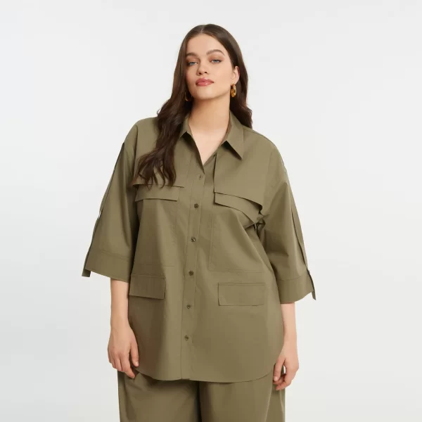 Πουκάμισο ποπλίνα με patch τσέπες και δεσίματα στα μανίκια