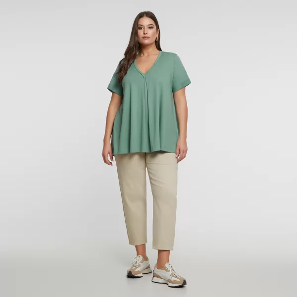 Βαμβακερό t-shirt με V-λαιμόκοψη & πιέτα