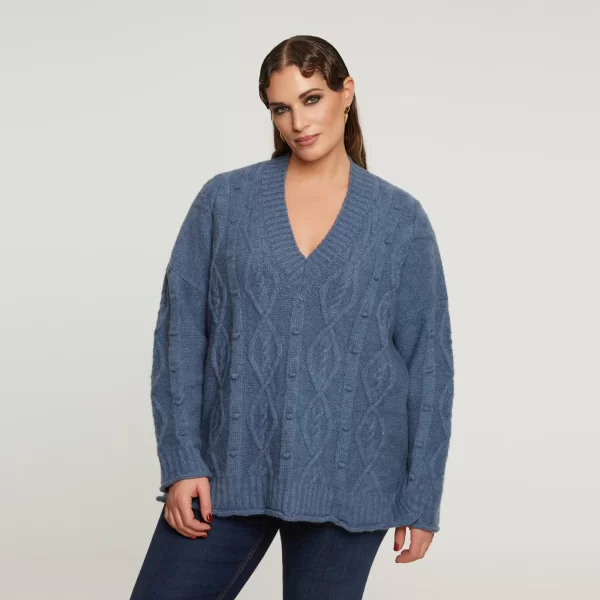 Πλεκτή μπλούζα με V με μοτίβο κοτσίδα