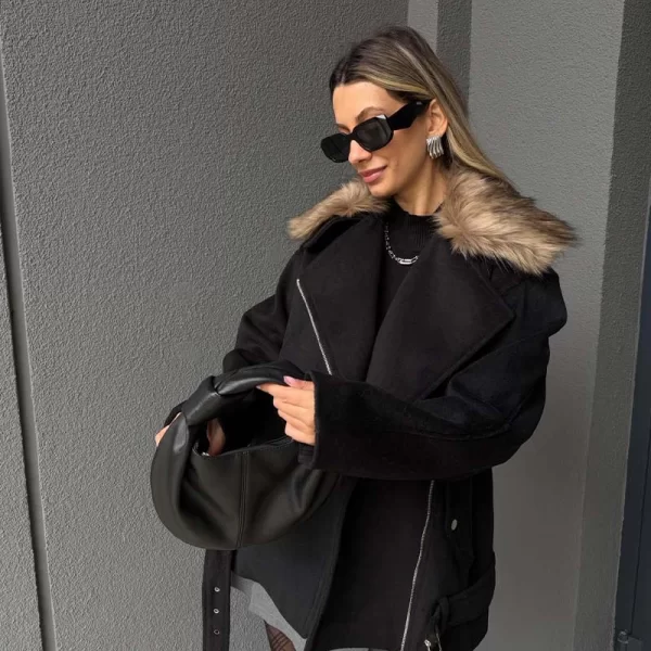 FENIA γυναικείο παλτό κοντο με γούνινο γιακά