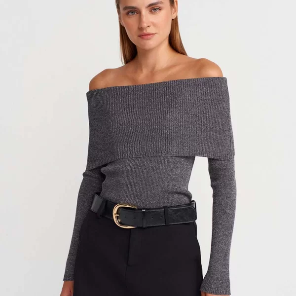 SOU CANDLE γυναικεία πλεκτη μπλουζα με ανοιχτο ωμο γκρι