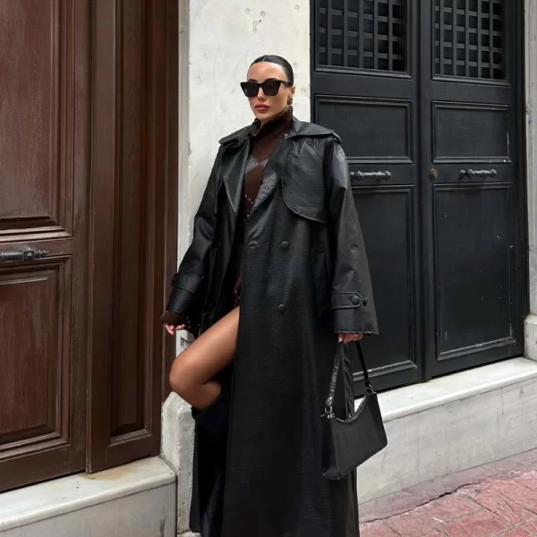 ZANDO μακριά καμπαρντίνα δερματίνη με ζώνη