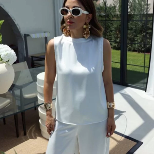SOU TEGAN Γυναικείο σετ σατέν παντελόνι με αμάνικη μπλούζα άσπρο