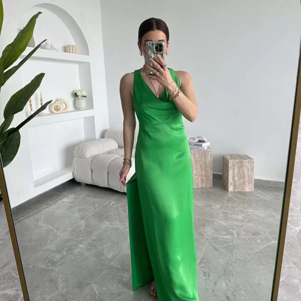 Bien γυναικείο σατέν μακρυ φόρεμα (πρασινο)