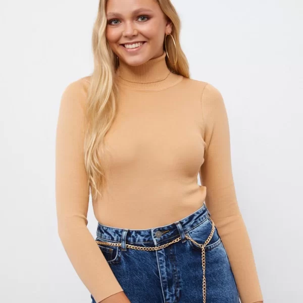 Reele γυναικεία μπλούζα ριμπ μακρυμάνικη μπεζ