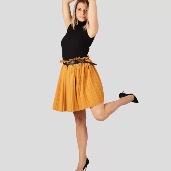 SOU Γυναικεία πλισέ φούστα με ζώνη μουσταρδί