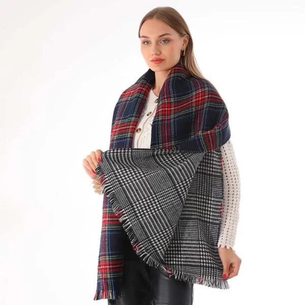 SOU Γυναικείο κασκόλ διπλής όψης καρό μπλε