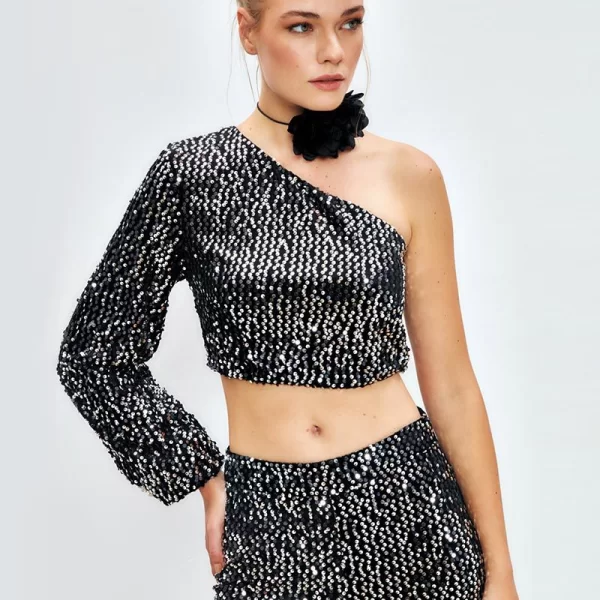 Aurora γυναικείο crop top με έναν ώμο από παγιέτες γκρι