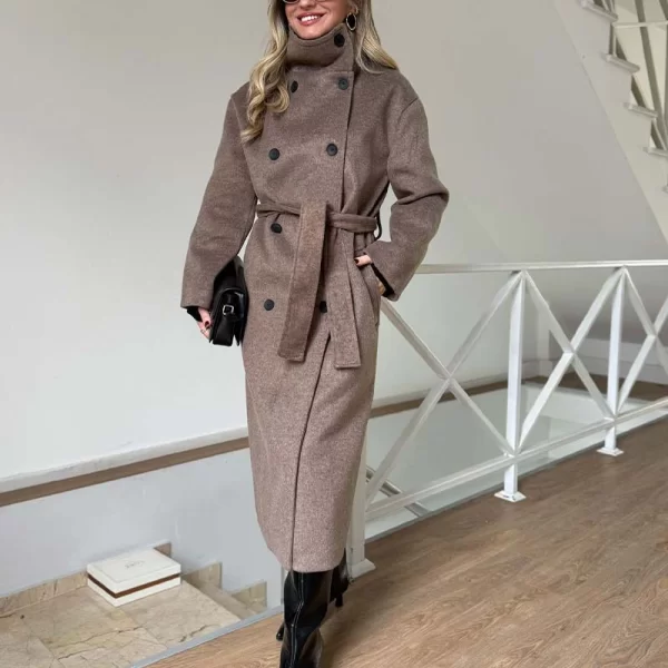KAREN γυναίκειο μακρύ παλτό με ζώνη στη μέση καφέ-μόκα