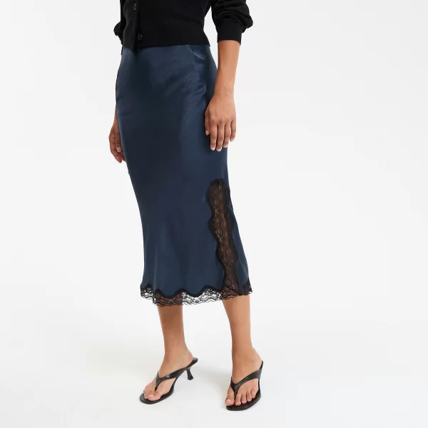 Φούστα ίσια σατέν με λεπτομέρειες δαντέλας