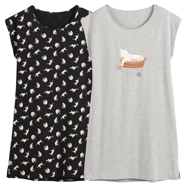 SO'HOME Σετ 2 βαμβακερά νυχτικά με στάμπα γάτα