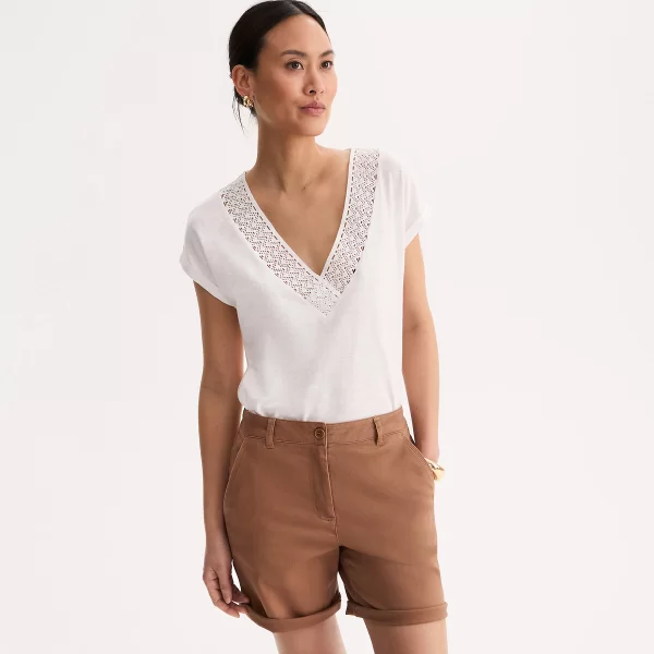 Κοντομάνικη μπλούζα με V και λεπτομέρεια από δαντέλα
