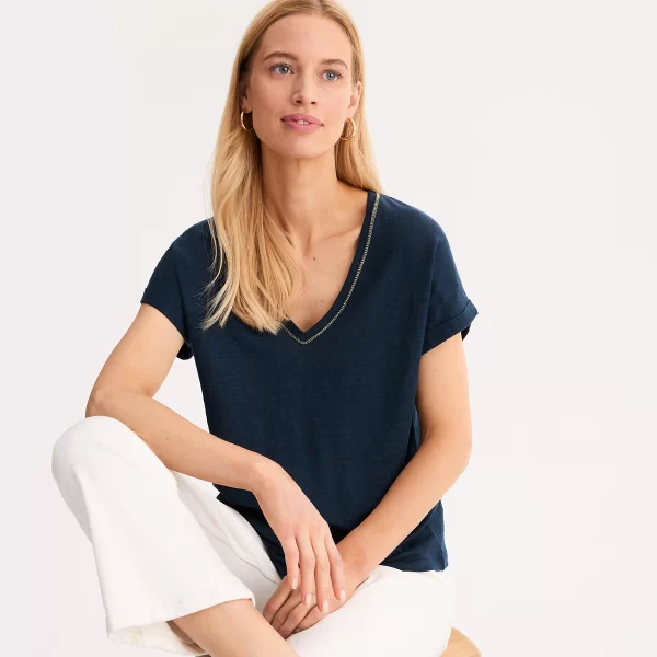 Κοντομάνικη λινή μπλούζα με V