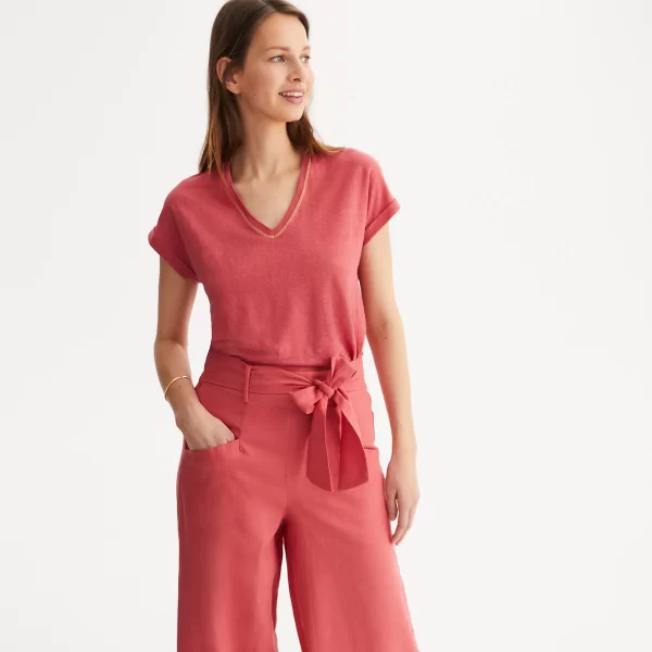 Κοντομάνικη λινή μπλούζα με V