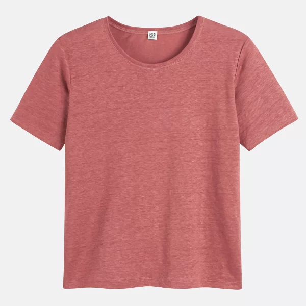 Κοντομάνικη λινή μπλούζα με στρογγυλή λαιμόκοψη