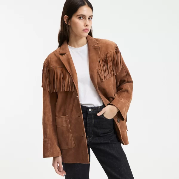 Δερμάτινο σουέτ σακάκι με κρόσσια σε ίσια γραμμή