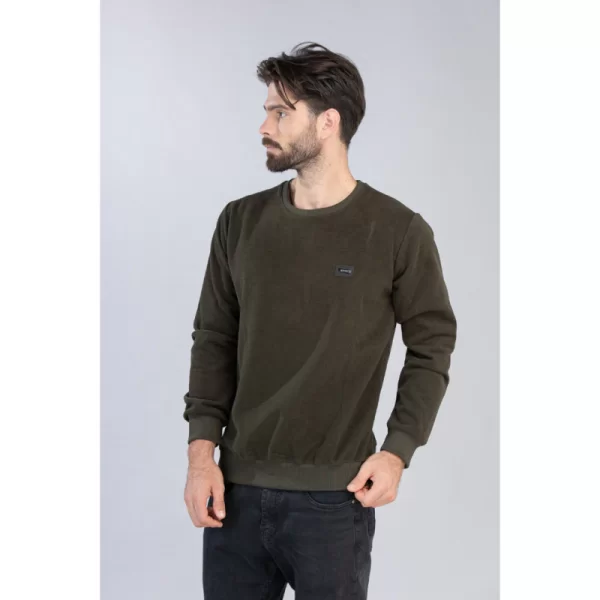 Μπλούζα λαιμόκοψη wool feel με δερμάτινο patch,της Leo Collection - Khaki