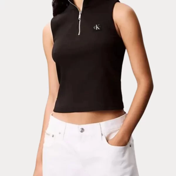 Calvin Klein ΤΟΠ CALVIN KLEIN WOVEN LABEL SLEEVLESS RIBBED ZIP BLACK CALVIN KLEIN