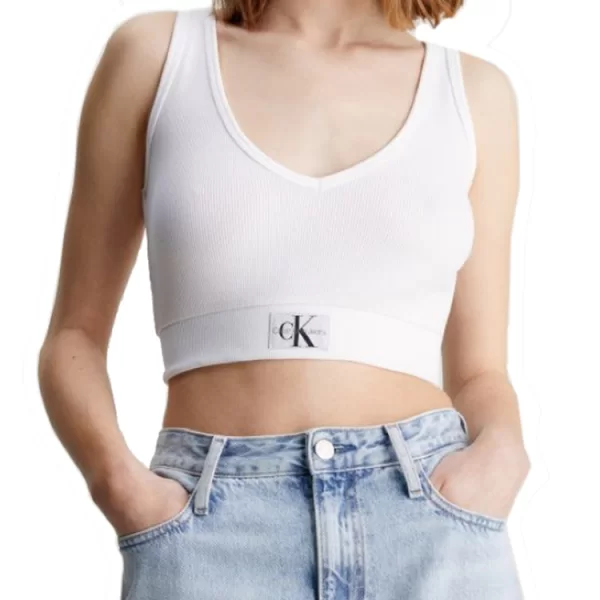 TANK TOP CALVIN KLEIN WOVEN LABEL RIB CROP V-NECK BRIGHT WHITE CALVIN KLEIN