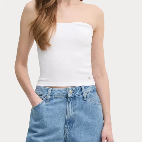 Calvin Klein TOP CALVIN KLEIN WOVEN LABEL STRAPLESS RIBBED BRILLIANT WHITE CALVIN KLEIN