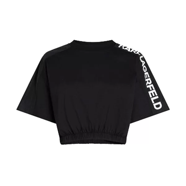 KARL LAGERFELD T-SHIRT CROPED NYLON MIX ΛΑΣΤΙΧΟ ΜΕΣΗ ΜΑΥΡΟ