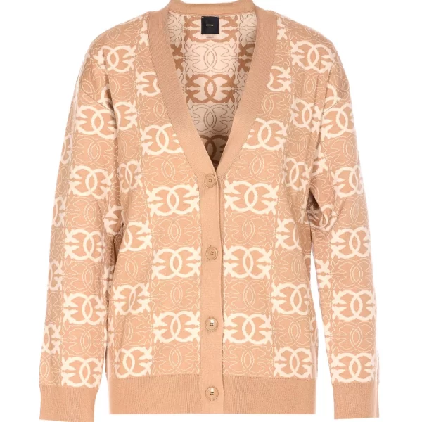 PINKO ΠΛΕΚΤΗ ΖΑΚΕΤΑ ALLOVER LOGO MARCHE CARDIGAN ΛΕΥΚΟ-ΜΠΕΖ