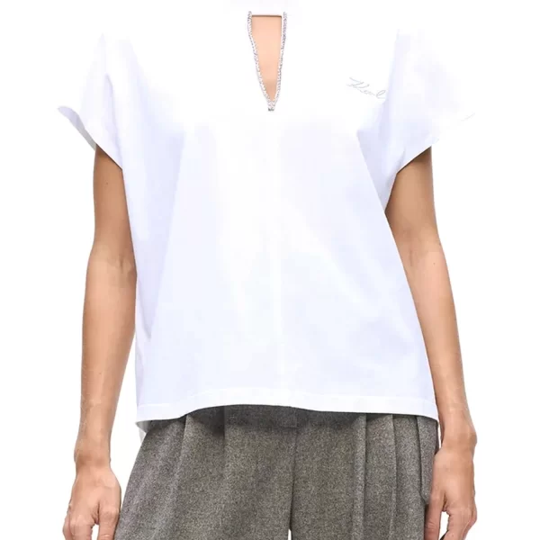 KARL AGERFELD T-SHIRT EMBELLISHED RELAXED FIT ΛΕΠΤΟΜΕΡΕΙΑ ΣΤΡΑΣ ΑΝΟΙΓΜΑ ΜΠΡΟΣΤΑ LOGO ΛΕΥΚΟ