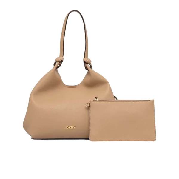 DKNY ΤΣΑΝΤΑ ΩΜΟΥ PAULA TOTE LOGO ΜΕΤΑΛΛΙΚΟ ΕΠΙΠΡΟΣΘΕΤΟ ΤΣΑΝΤΑΚΙ ΜΠΕΖ