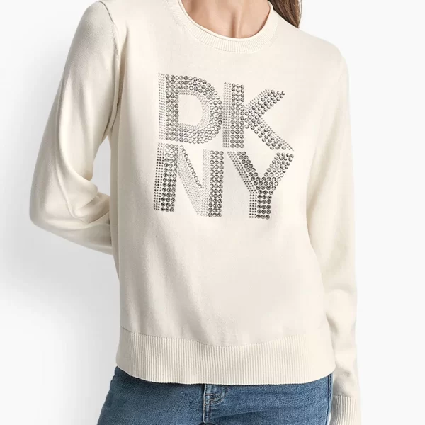 DKNY ΠΛΕΚΤΟ CREW NECK LOGO ΣΤΡΑΣ ΕΚΡΟΥ